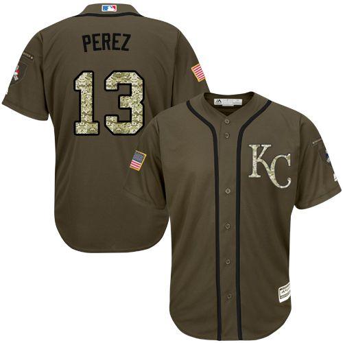 Royals #13 Salvador Perez Green Salute to Service Stitched Youth MLB Jersey - Click Image to Close